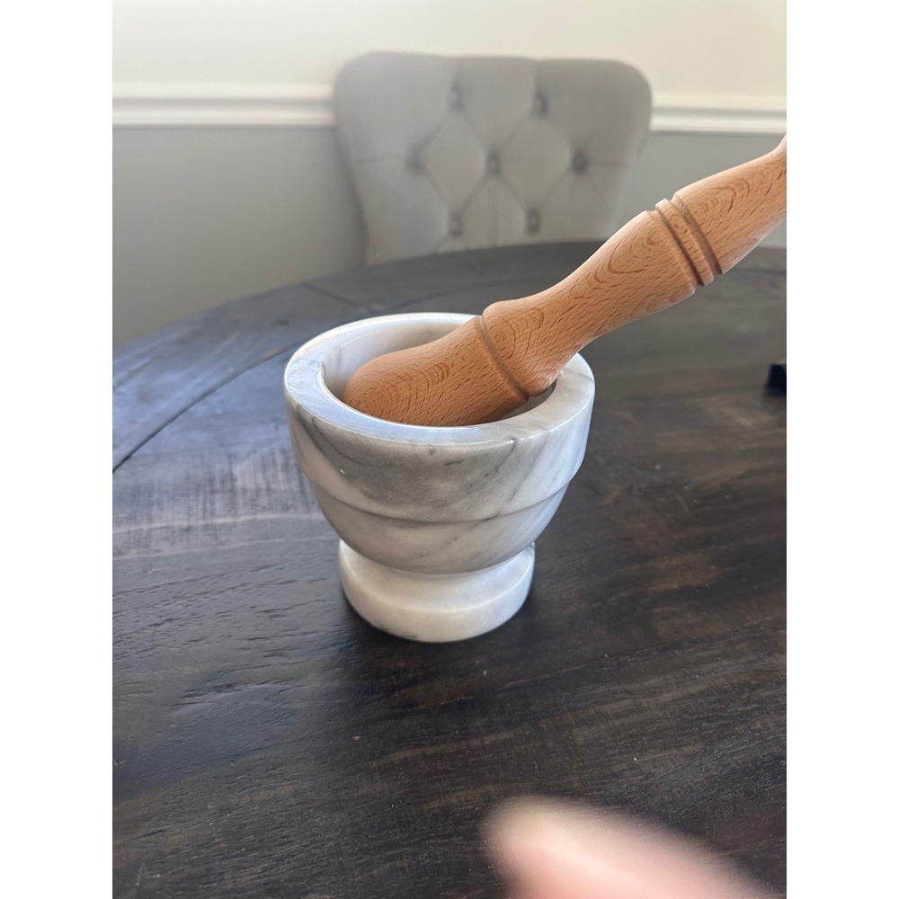 White Marble Mortar and Wood Pestle Set Herb Spice Grinder Kitchen Tool